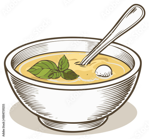Drawing of Creamy Soup Bowl with Basil and Spoon: Delicious Nutritious Healthy Meal