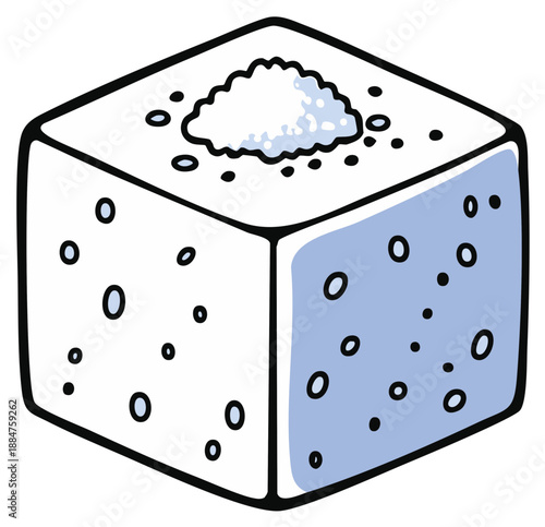 Stylized hand drawn white block cube with textured surface and pile of granular substance on top
