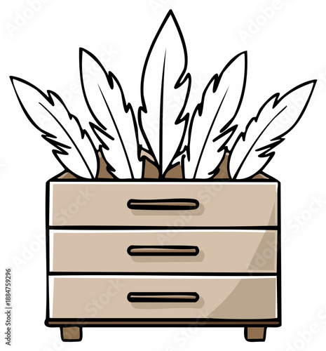 Whimsical cartoon illustration of a chest of drawers overflowing with large white feathers