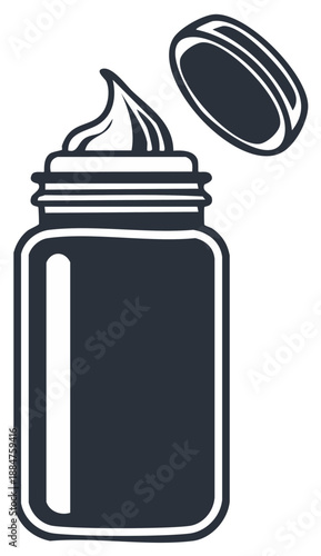 Jar of cream with swirl dispensed and lid floating above simple clean vector illustration