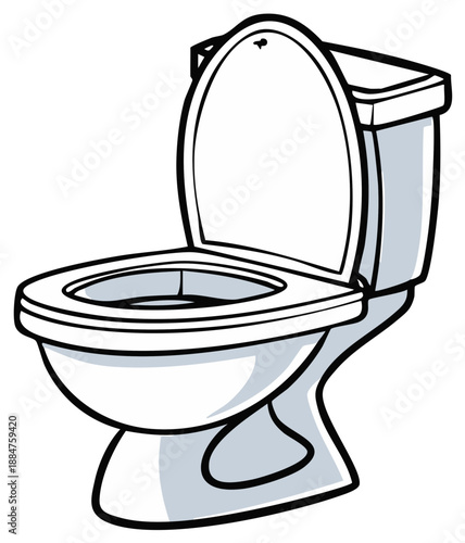 Cartoon illustration of a white toilet bowl, open seat and lid