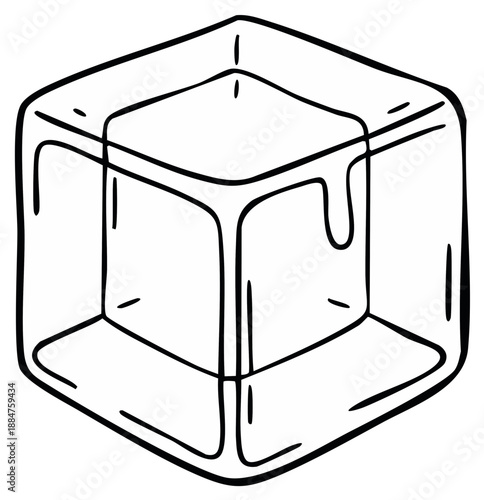 Hand-drawn outline illustration of a melting ice cube with liquid drips, representing coldness and refreshment.
