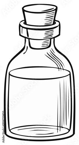 Hand drawn vintage glass potion bottle with a cork stopper line art vector illustration
