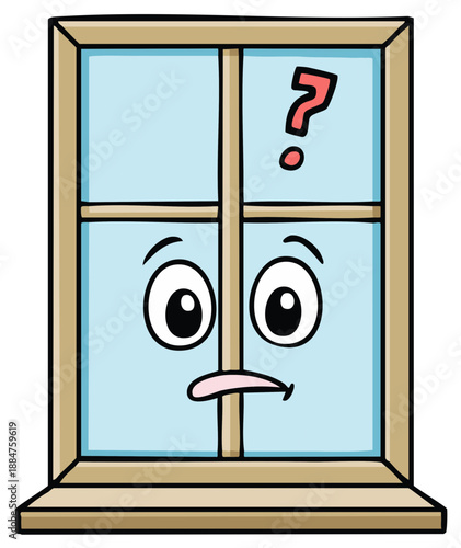 Cartoon Window Character with Puzzled Expression and Question Mark Symbol