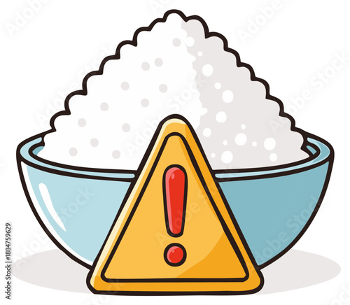 Warning sign with a bowl overflowing with sugar or salt indicating health risk or dietary caution