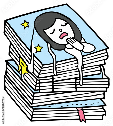 Woman resting on stack of books with eyes closed and hands clasped in distress