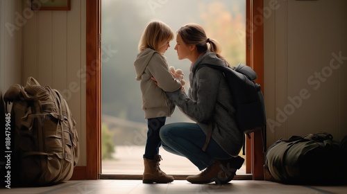 A mother and her child share an emotional goodbye in a doorway. Woman and daughter with travel backpacks leaving home for a journey