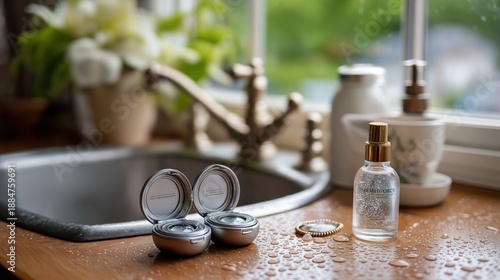 Skincare products on a wet wooden countertop near a sink. Serum bottle and metallic containers with water droplets. Daily beauty routine and hydration concept
