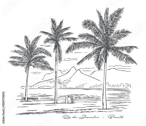 Hand-drawn illustration of a coastal landscape in the city of Rio de Janeiro.