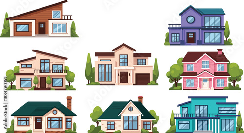 Colorful modern suburban house illustrations set, residential family home exteriors in various architectural styles, real estate vector collection isolated on white background for property