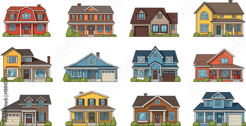 Colorful suburban house illustrations collection, modern and classic residential home exteriors, real estate architecture icons set isolated on white background for property design concepts