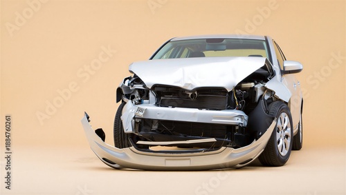 Wrecked silver car front collision