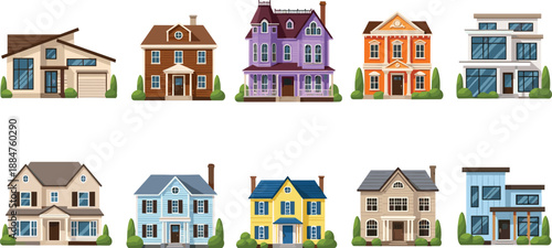 Colorful suburban house illustrations collection, modern and classic residential home exteriors, real estate architecture vector icons set isolated on white background for property and housing 