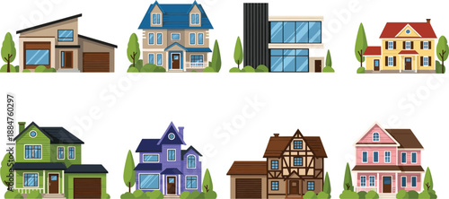 Colorful vector illustration set of modern and traditional residential houses showcasing architecture styles, suburban family homes, real estate concepts, exterior facades, and neighborhood 