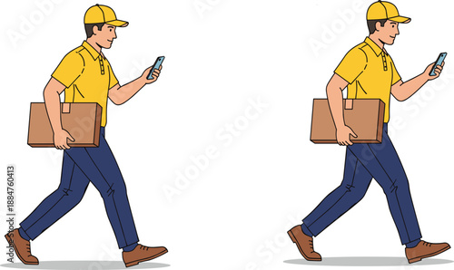 Delivery man character walking with package and smartphone, courier checking mobile app during parcel delivery, logistics worker illustration for shipping, tracking, and last mile service