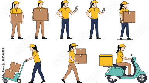 Delivery woman character set carrying packages, courier worker in uniform performing logistics tasks, parcel transportation, last mile delivery service illustration, flat vector characters isolated