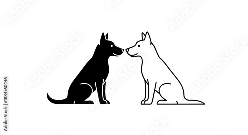 Two dogs sitting face to face black and white illustration contrasting colors friendly interaction pet companionship concept