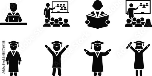 Education and graduation icons set, teacher, student, online learning, classroom presentation and academic success symbols, black vector silhouettes collection isolated on white background