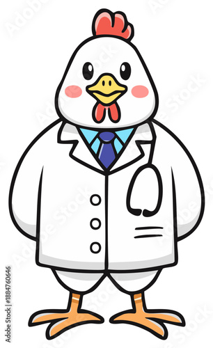 Cartoon Chicken Doctor Character Wearing Lab Coat and Stethoscope Standing Patiently