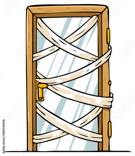 Inaccessible cartoon door wrapped in bandages concept of quarantine or being blocked