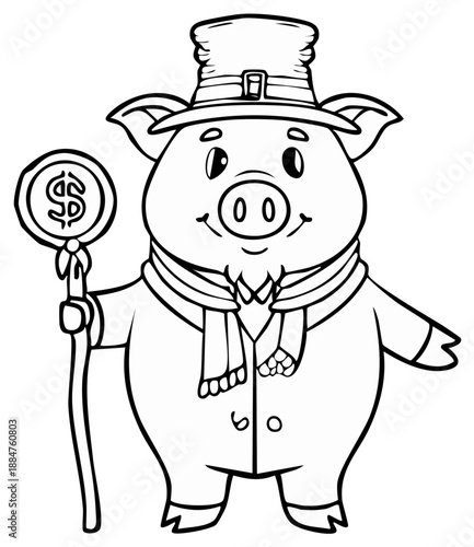Cartoon Pig in a Hat and Scarf Holding Dollar Sign Wand Line Art Illustration