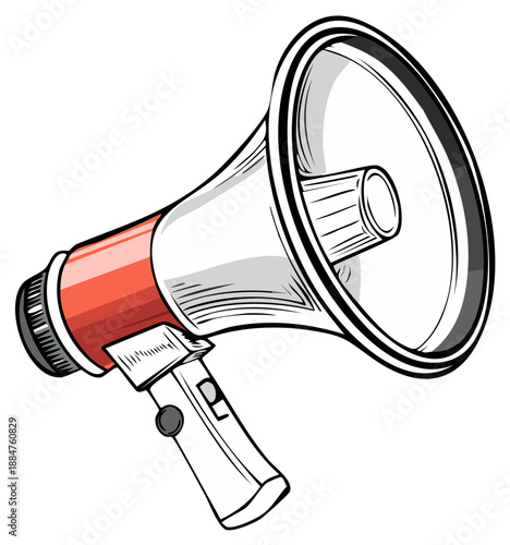 Red and white hand held megaphone with a handle and a wide speaker