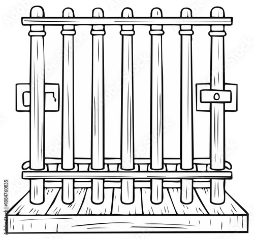 Cartoon Jail Cell Door Coloring Page for Kids Illustration, Prison Bars Coloring Book Style Drawing, Punishment Concept, Outline