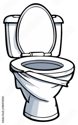 Clean white toilet with open lid and toilet paper draped over the bowl interior