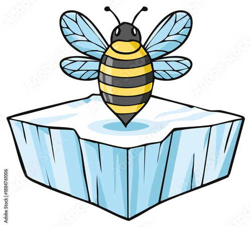 Cartoon bee hovering over a block of ice