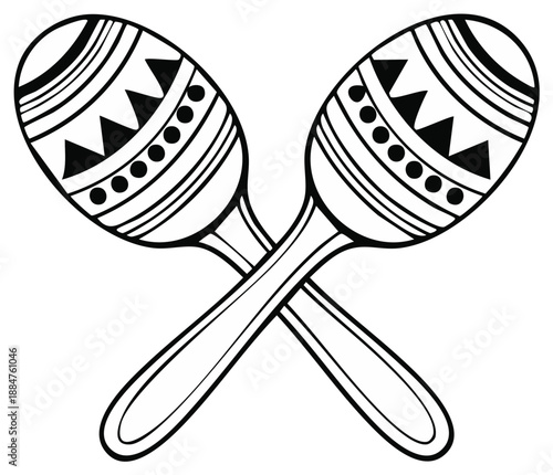 Two crossed maracas musical instruments with tribal patterns black and white illustration