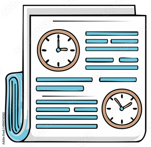 Cartoon newspaper with clocks icon for time management and news report