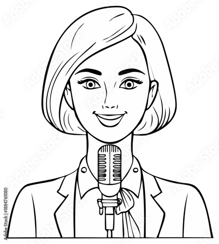 Smiling Broadcaster Woman with Retro Microphone Illustration Professional Presentation Concept