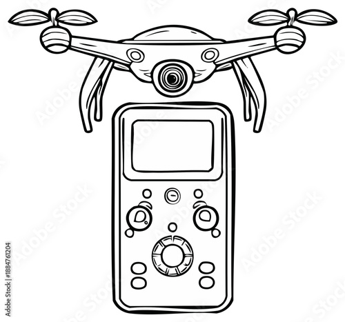 Drone with remote controller for aerial photography and videography overhead view line art