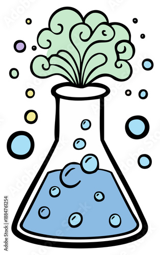 Cartoon flask bubbling with green vapor and blue liquid science experiment