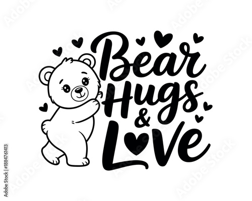 A cute cartoon bear giving hugs and spreading love with hearts around it