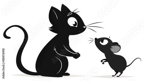 Whimsical black silhouette cartoon cat and mouse characters facing each other with curious expressions isolated on a clean white background representing friendship and playful