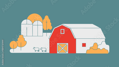 Vibrant flat illustration of a rural farm scene featuring a classic red barn with white trim two white silos stylized autumn trees in orange and yellow hues and two fluffy sheep
