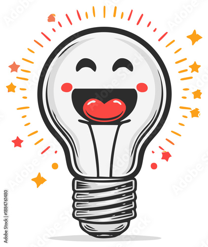Joyful cartoon light bulb character beaming with bright idea and radiating enthusiasm