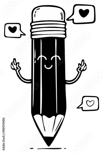 Whimsical pencil character smiling with heart speech bubbles expressing love and positivity in a hand drawn line art style