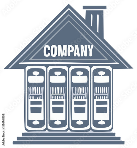 Stylized graphic of a company headquarters building with abstract architecture and text.