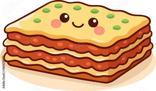 A kawaii-style illustration of a slice of lasagna with a smiling face, perfect for food-related projects and comfort food designs.