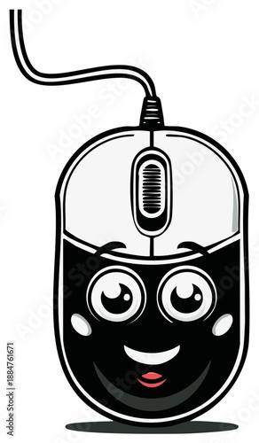 Cartoon smiling computer mouse with cord and cheerful face