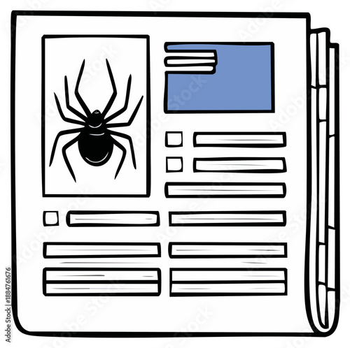 Cartoon newspaper with spider illustration and text boxes