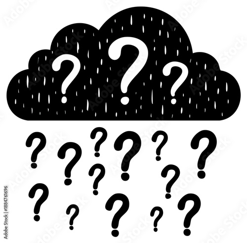Question mark cloud raining question marks asking what is the solution