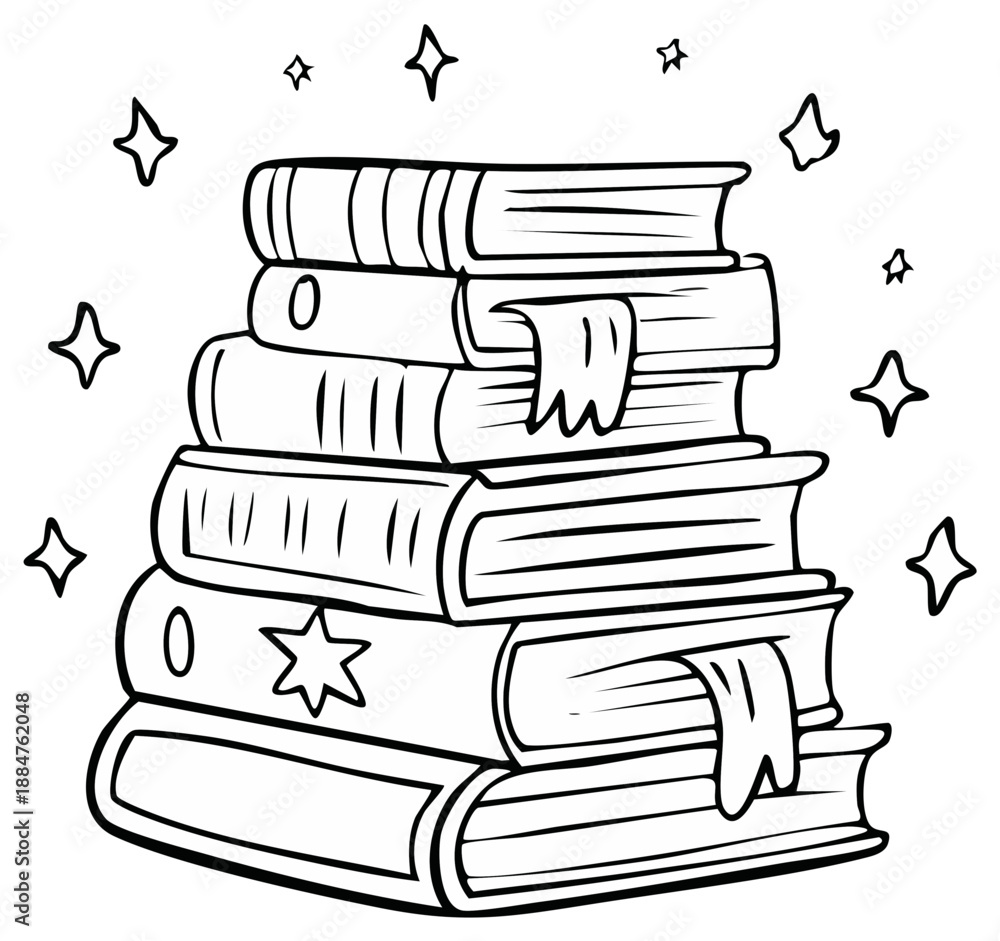 Fototapeta premium Stack of books with bookmarks surrounded by stars, an illustration suitable for coloring books and educational resources