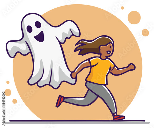 Cartoon woman running from a smiling ghost with a playful illustration.