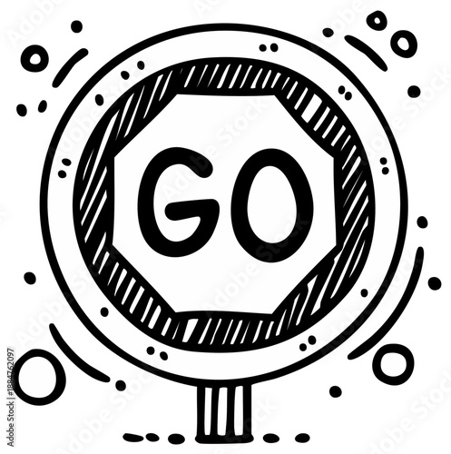 Go Sign Round Hand Drawn Cartoon Style: Direction, Proceed, Start, Drive