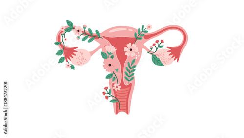 Stylized illustration of a healthy female uterus and fallopian tubes embraced by blossoming pink flowers and green leaves, representing reproductive wellness and nature.