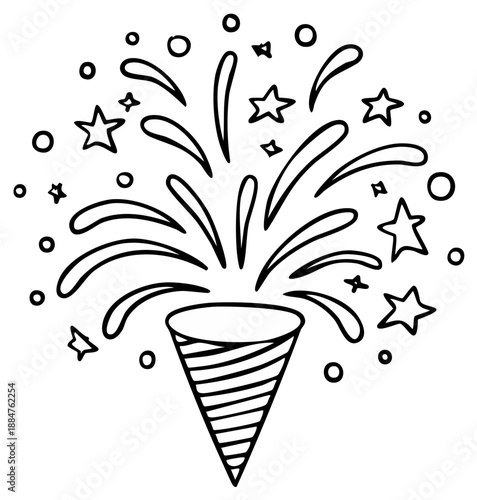 Cartoon celebration popper with stars and streamers exploding upwards