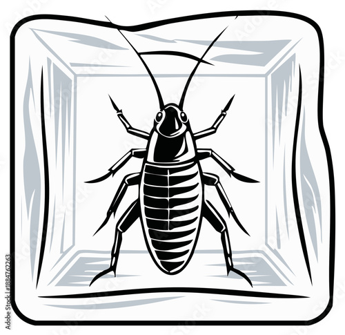 Stylized Illustration of a Cockroach Inside a Transparent Square Container